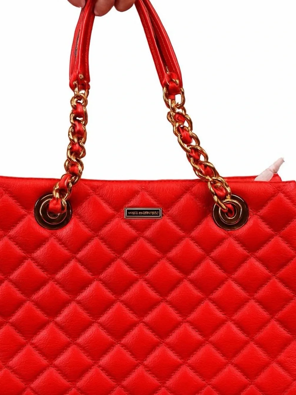 Kate Spade Quilted Red Tote Bag with Gold Chain Handles